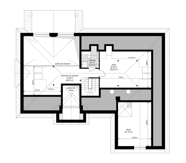 Rzut poddasza lustro POW. 107,7 m²
