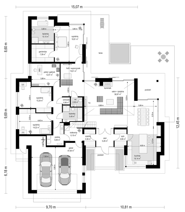 Rzut parteru POW. 255,1 m²