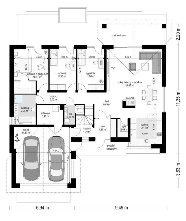 Rzut parteru POW. 162,8 m²