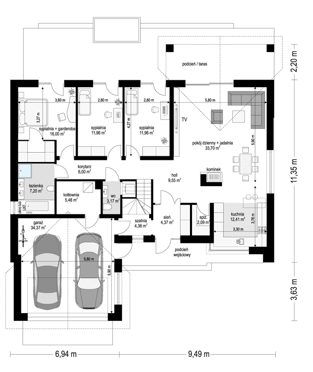 Rzut parteru POW. 162,6 m²