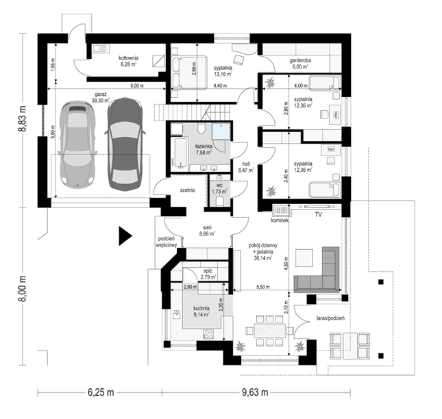 Rzut parteru POW. 164,0 m²