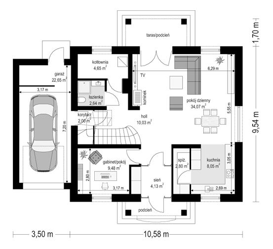 Rzut parteru POW. 100,5 m²