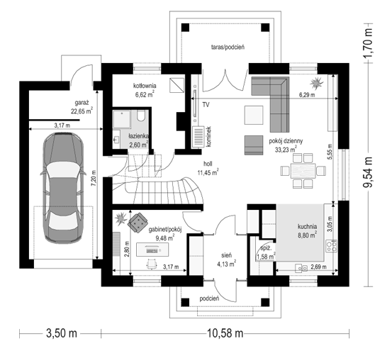 Rzut parteru POW. 100,5 m²