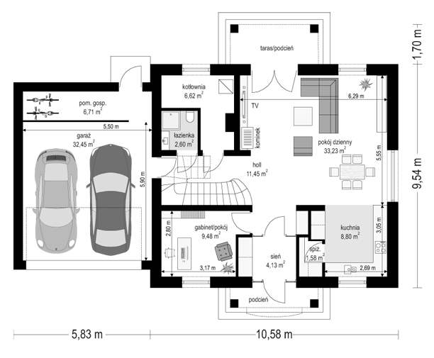 Rzut parteru POW. 117,1 m²