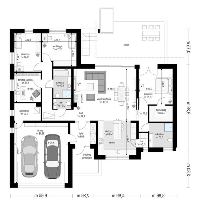 Rzut parteru lustro POW. 174,4 m²
