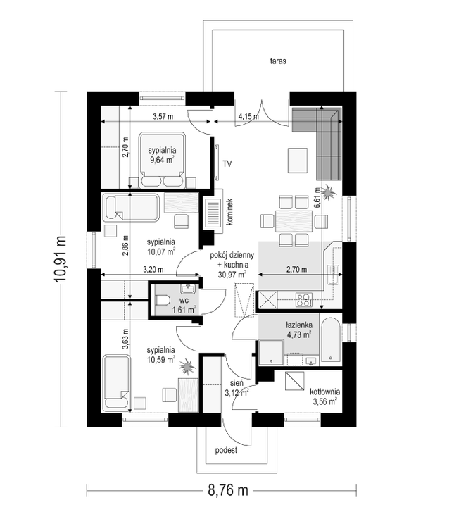 Rzut parteru POW. 74,3 m²