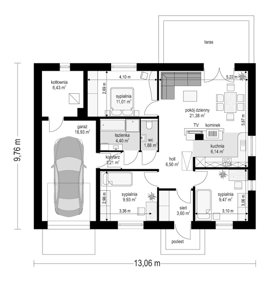 Rzut parteru POW. 100,9 m²