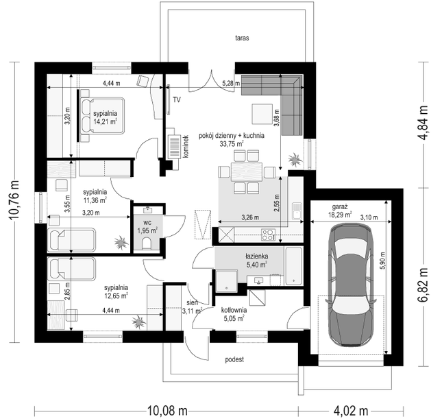 Rzut parteru POW. 105,8 m²