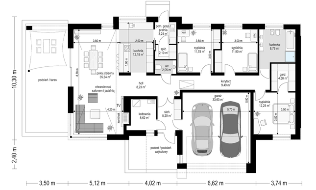 Rzut parteru POW. 166,4 m²
