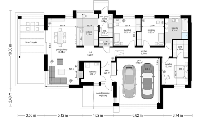 Rzut parteru POW. 166,4 m²