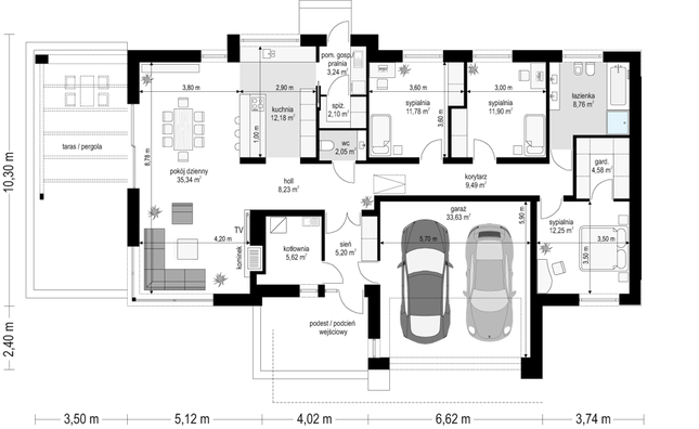 Rzut parteru POW. 166,4 m²