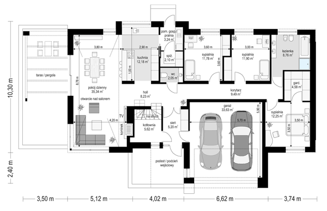 Rzut parteru POW. 166,4 m²