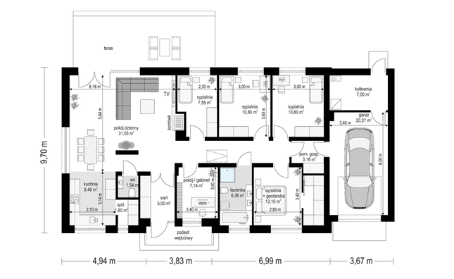 Rzut parteru POW. 134,0 m²