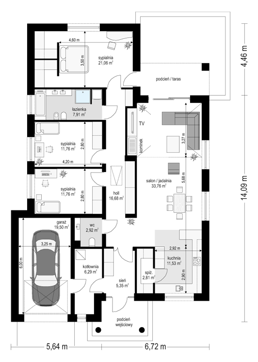 Rzut parteru POW. 151,3 m²