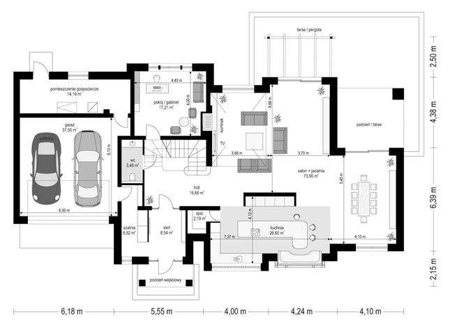 Rzut parteru POW. 212,9 m²