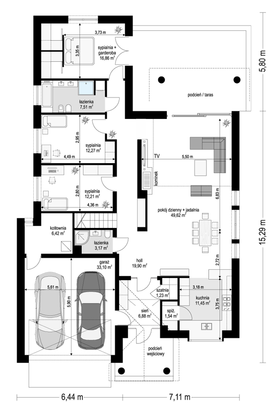 Rzut parteru POW. 182,2 m²