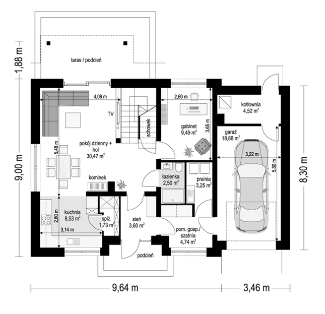 Rzut parteru POW. 87,5 m²