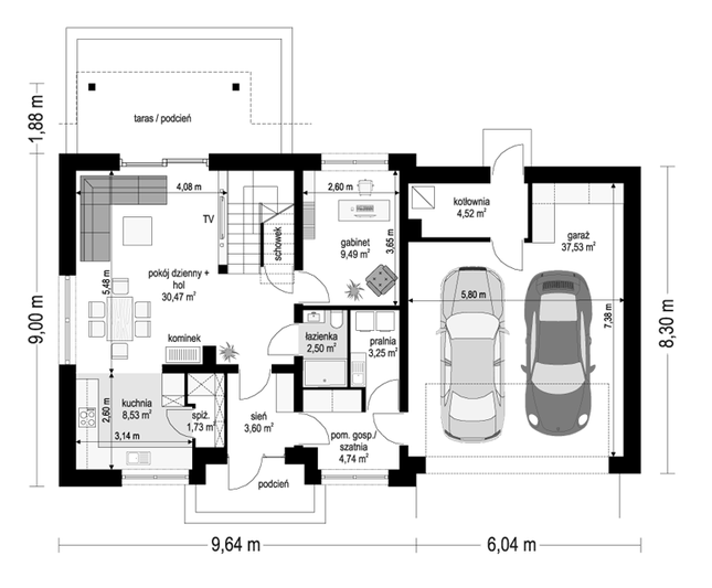 Rzut parteru POW. 106,4 m²