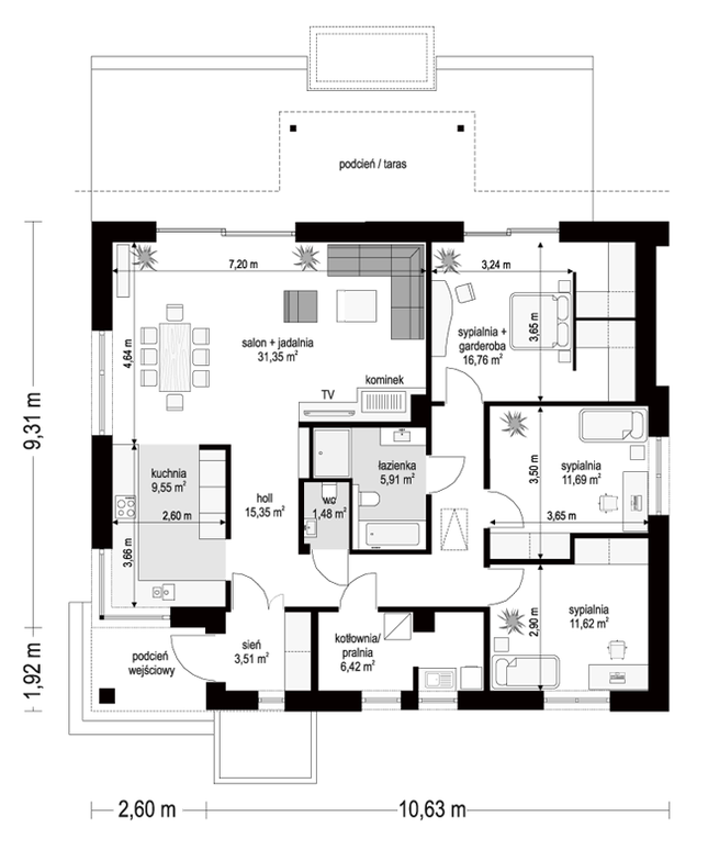 Rzut parteru POW. 113,6 m²