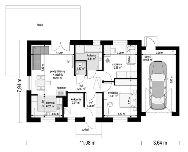 Rzut parteru POW. 87,3 m²