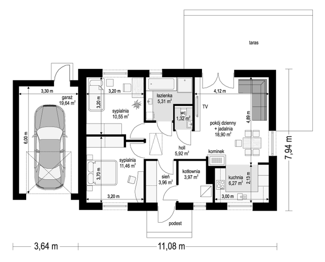 Rzut parteru lustro POW. 87,3 m²