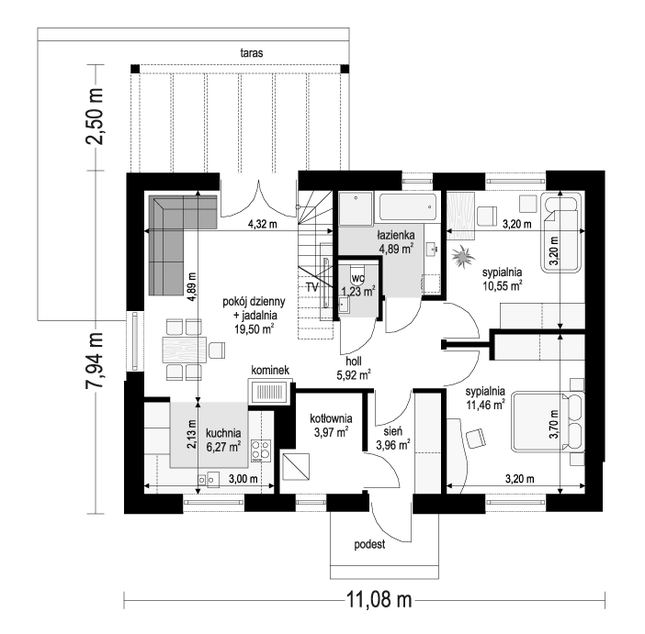 Rzut parteru POW. 67,8 m²
