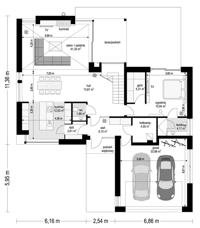 Rzut parteru POW. 141,5 m²