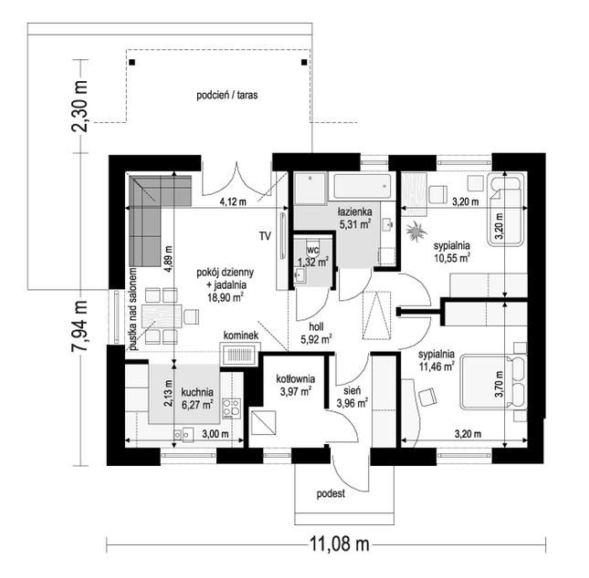 Rzut parteru POW. 67,7 m²