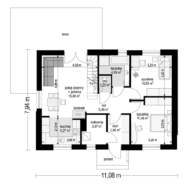 Rzut parteru POW. 67,7 m²