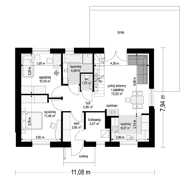 Rzut parteru lustro POW. 67,7 m²