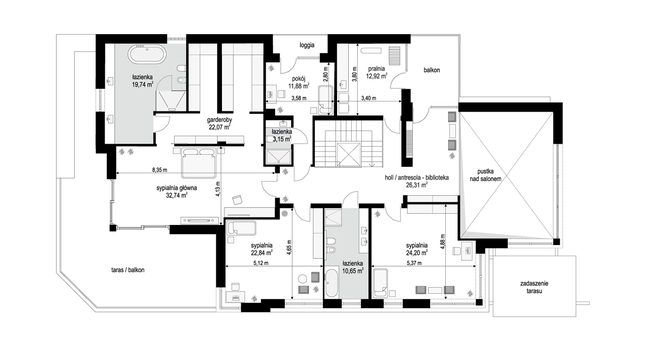 Rzut piętra lustro POW. 186,5 m²