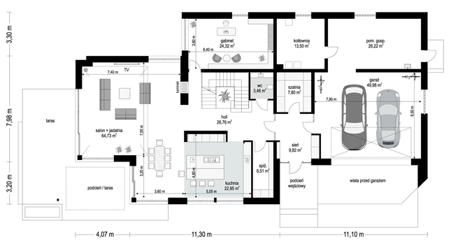 Rzut parteru POW. 256,1 m²