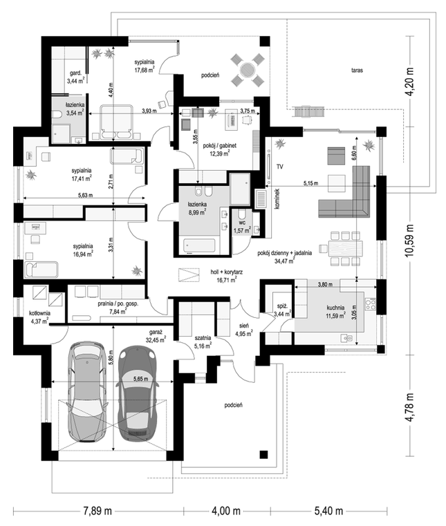 Rzut parteru POW. 202,9 m²