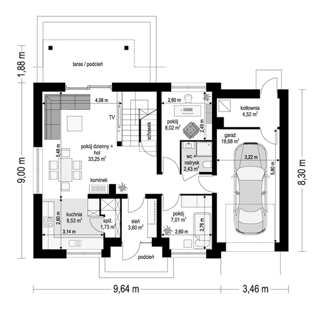 Rzut parteru POW. 87,8 m²