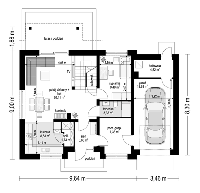 Rzut parteru POW. 87,7 m²