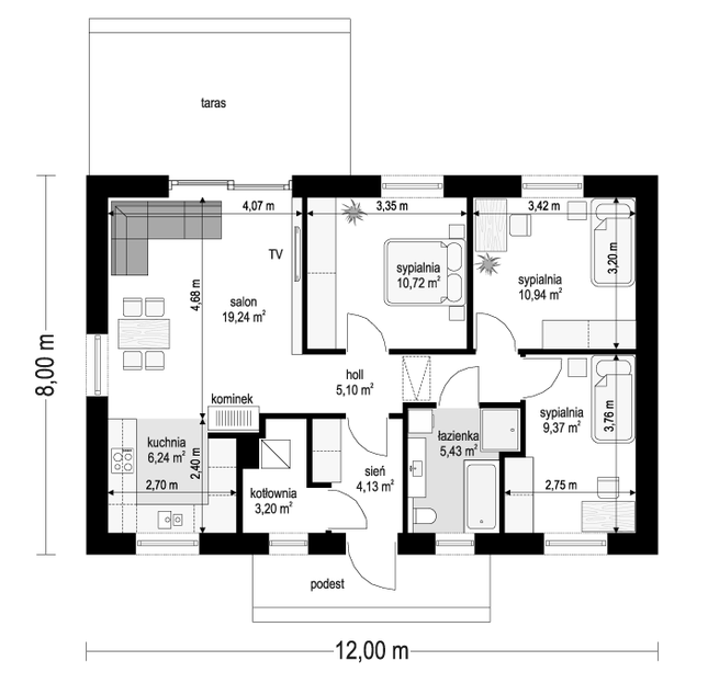 Rzut parteru POW. 74,4 m²