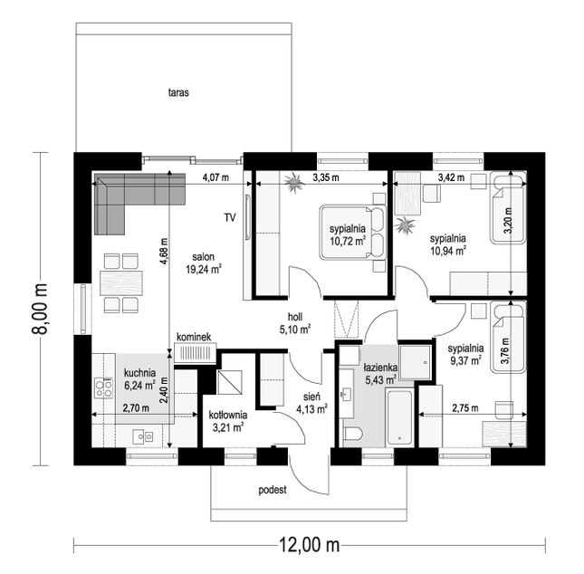 Rzut parteru POW. 74,4 m²