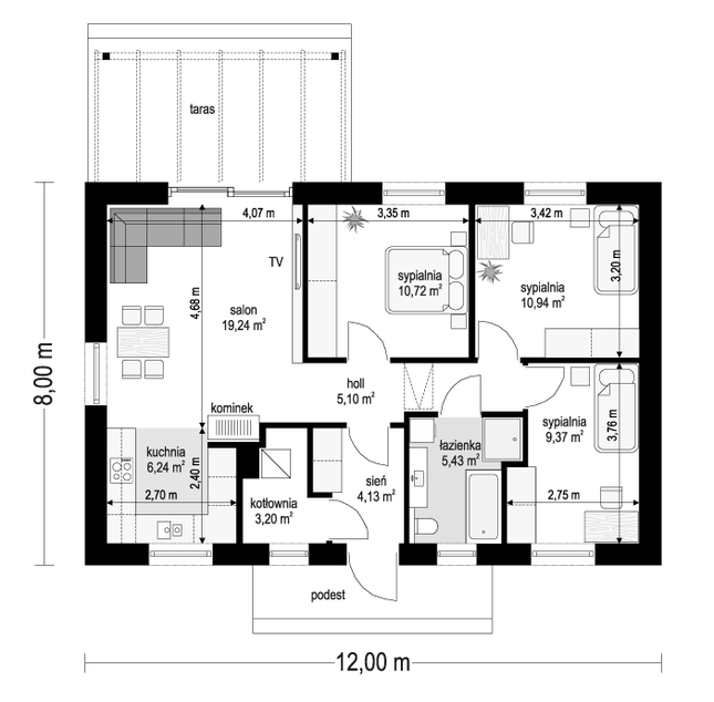 Rzut parteru POW. 74,4 m²