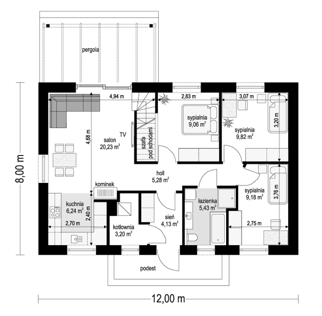 Rzut parteru POW. 72,6 m²