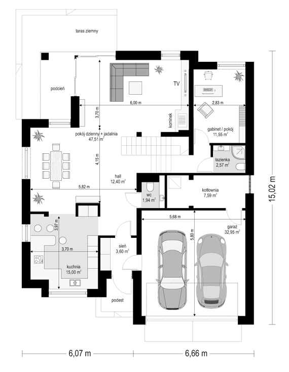 Rzut parteru lustro POW. 135,1 m²