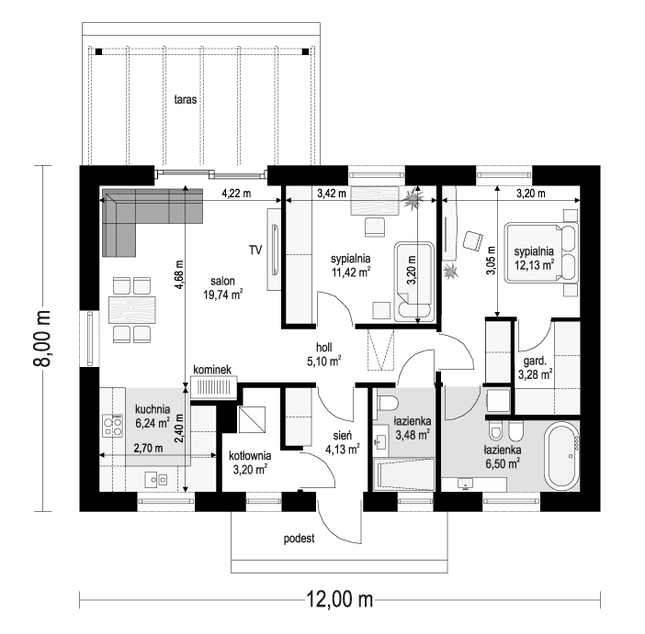 Rzut parteru POW. 75,2 m²