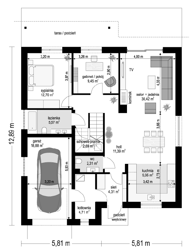 Rzut parteru POW. 111,8 m²