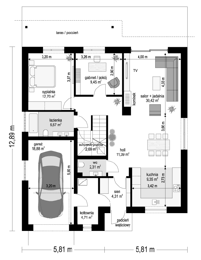 Rzut parteru POW. 111,8 m²