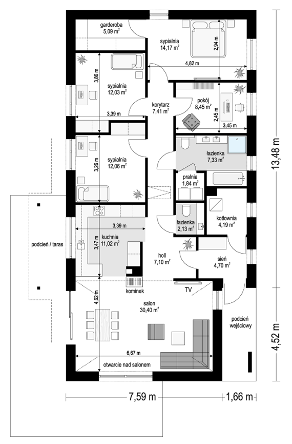 Rzut parteru POW. 127,9 m²