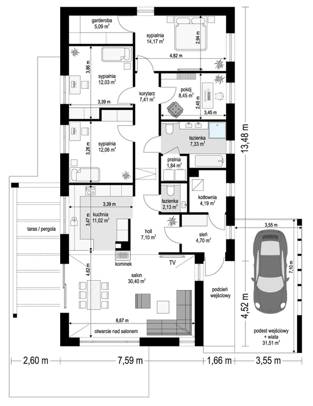 Rzut parteru POW. 127,9 m²