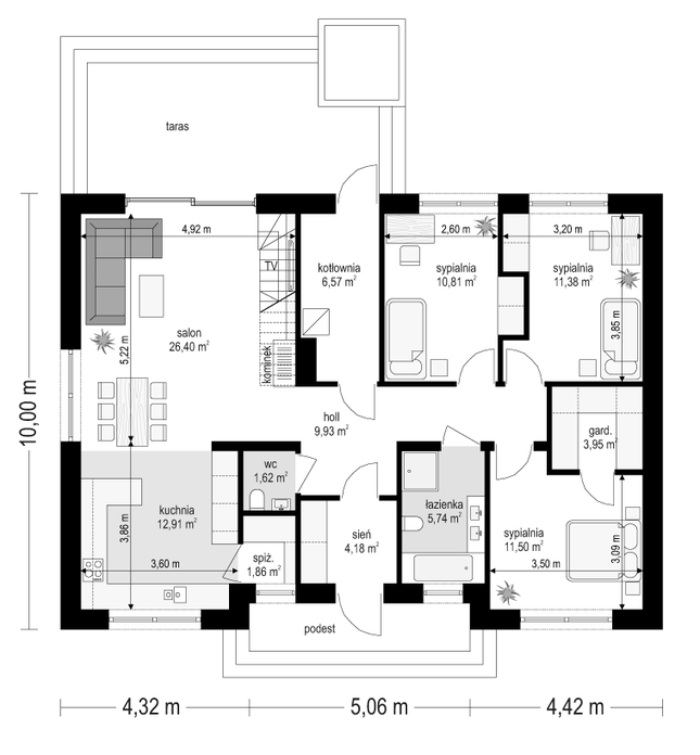 Rzut parteru POW. 106,9 m²