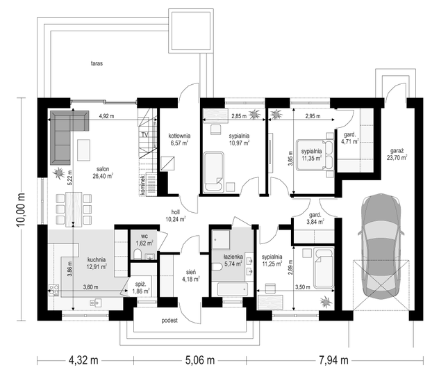 Rzut parteru POW. 135,3 m²