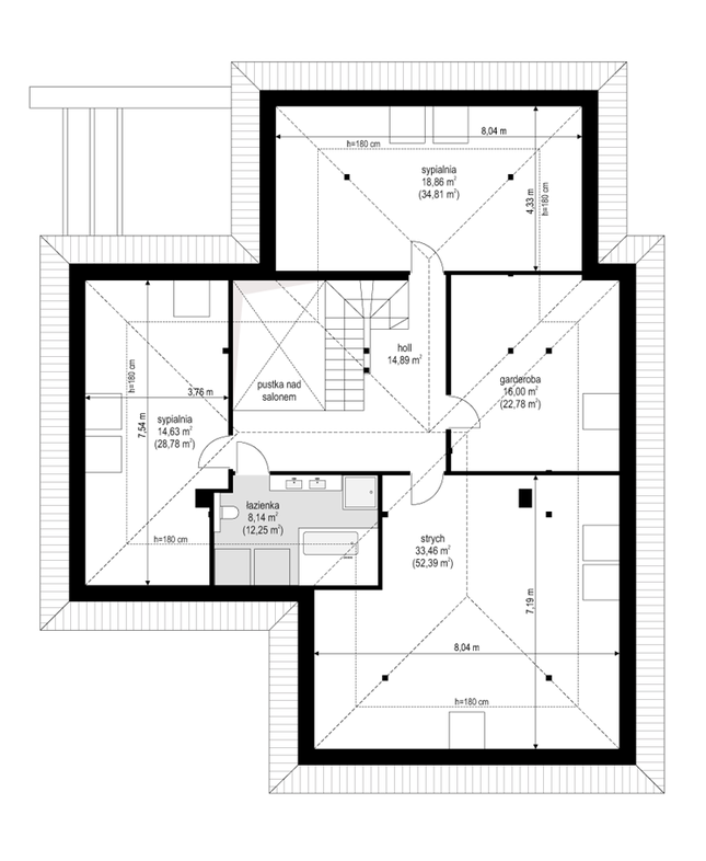 Rzut poddasza lustro POW. 165,9 m²