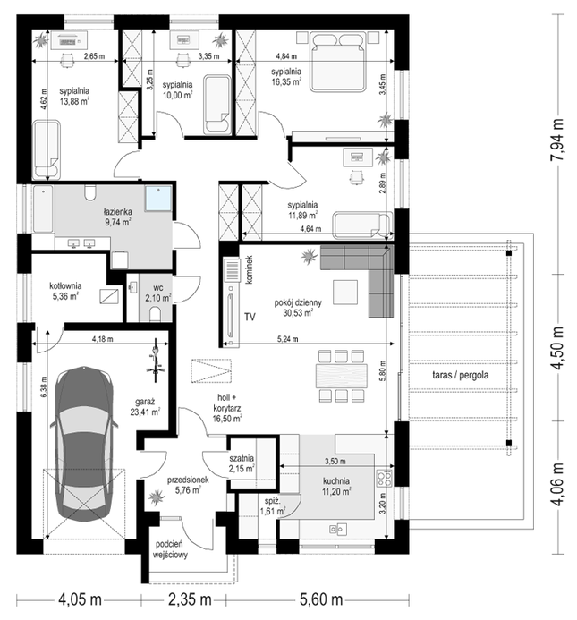 Rzut parteru POW. 160,5 m²