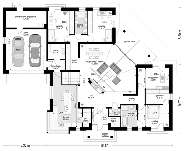 Rzut parteru POW. 255,6 m²